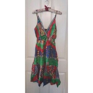 Junglee Billee NWT  Free Size Midi Colorful/gold Embroidered Halter Dress. B33